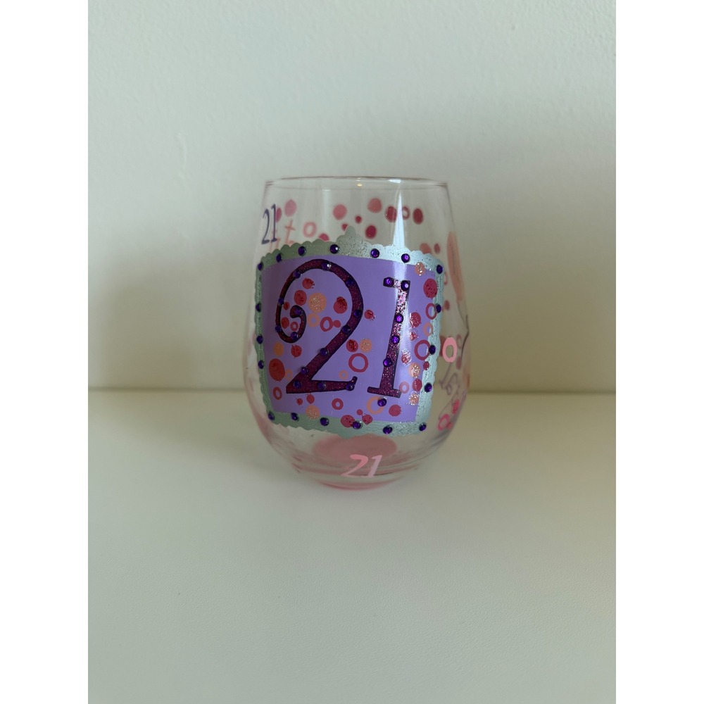 21st Birthday Stemless Wine Glass Hand Painted Finally Legal Purple Pink Glitter